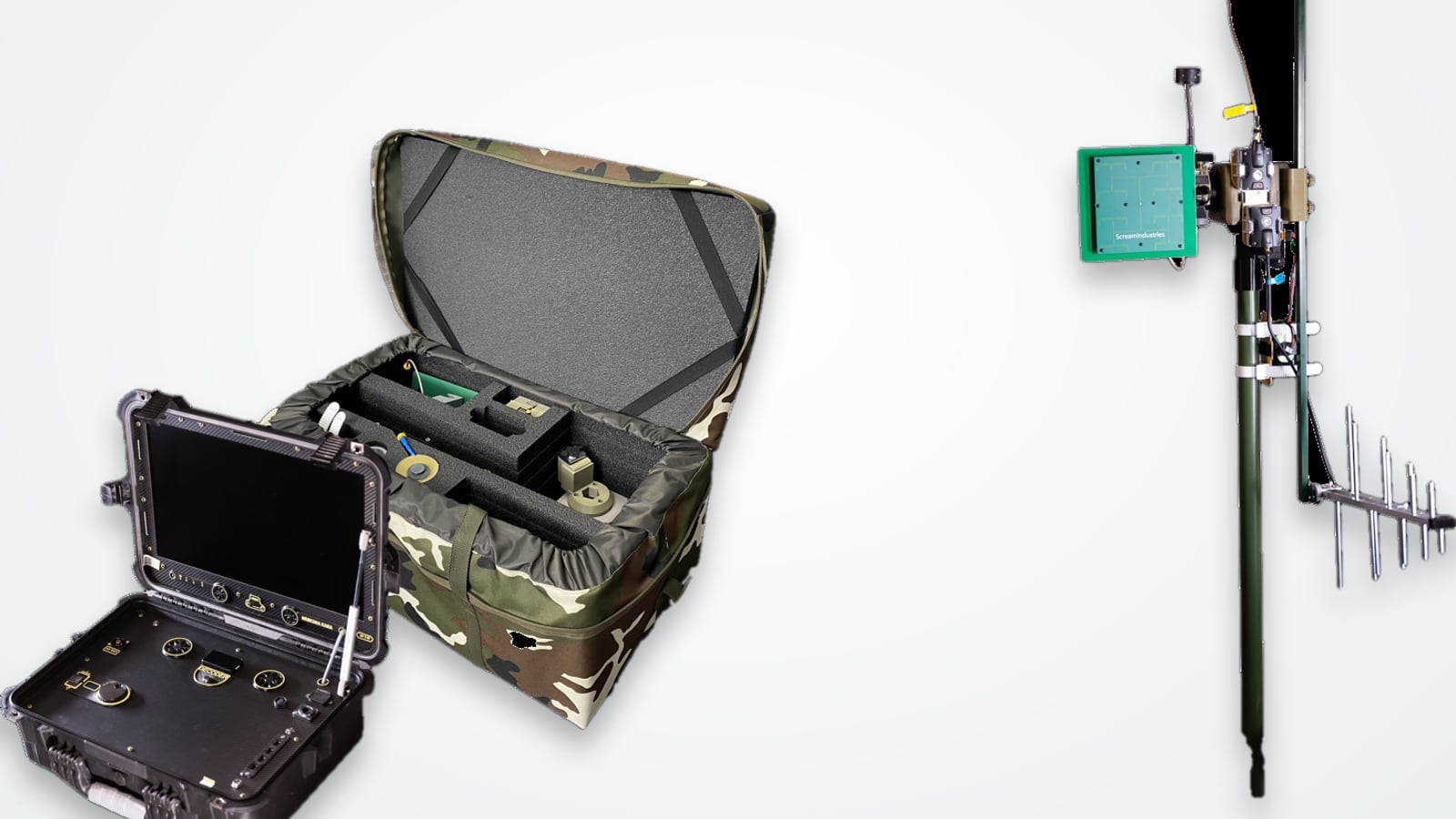 A ruggedised ground control station in a field case, with display and directional antenna