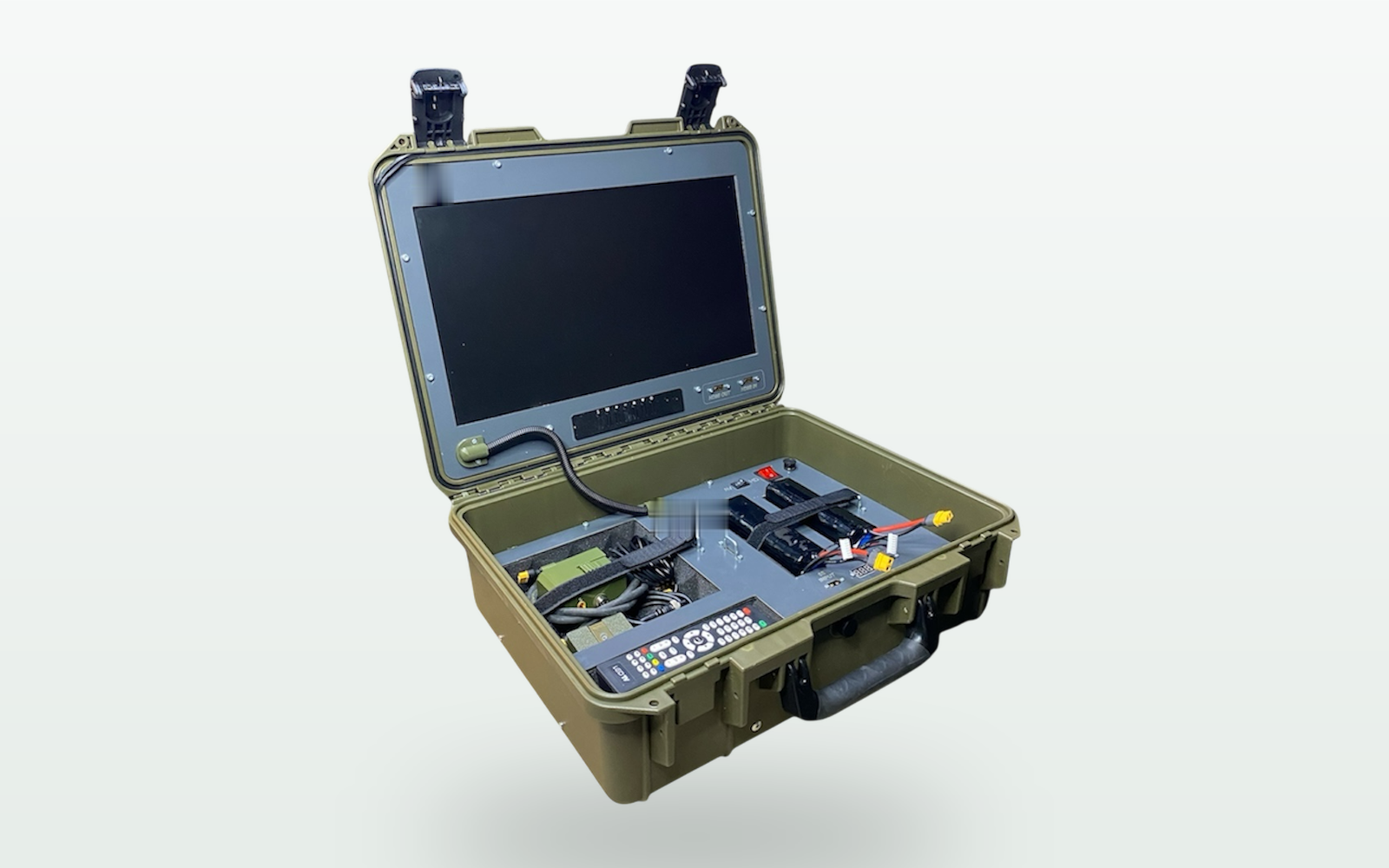 Stealth ground control station, open case with 27-inch display and antenna modules
